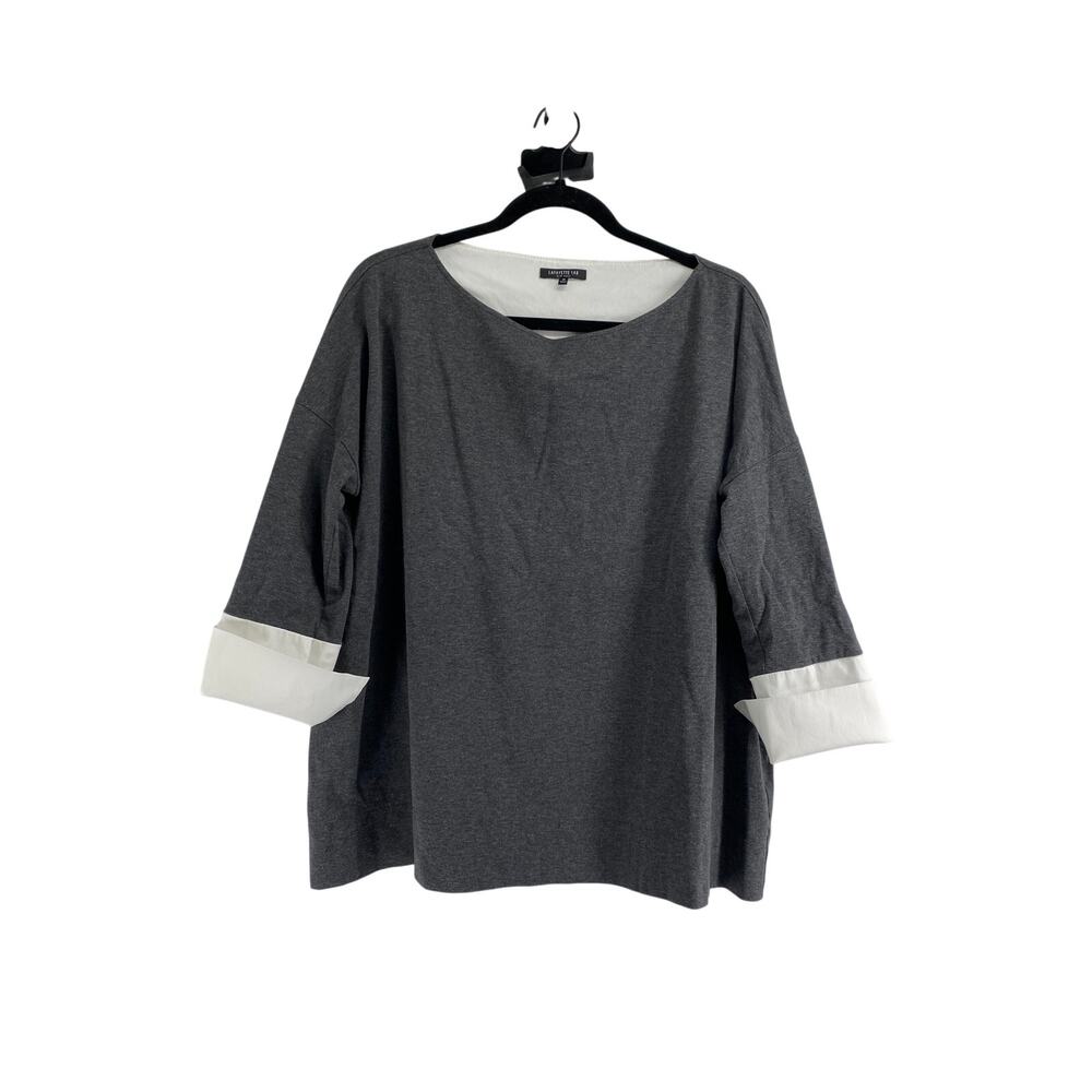 Lafayette 148 Gray Oversized Boat Neck Top White W/Button Cuffs 3/4 Sleeves